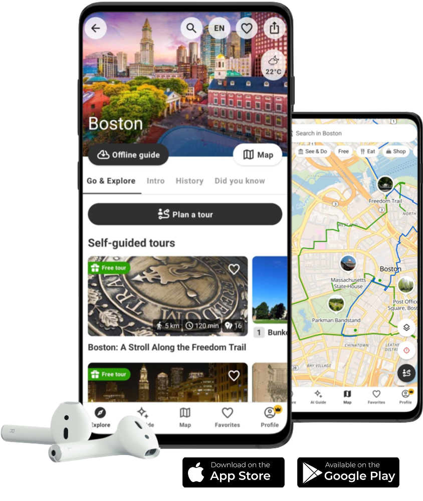 WLKTours® app shown on a smartphone with a Boston self-guided tour and route map