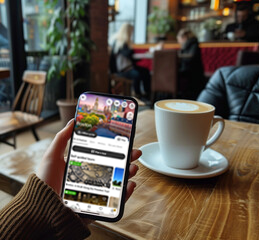 Visitor browsing the WLKTours app on their phone at a local café