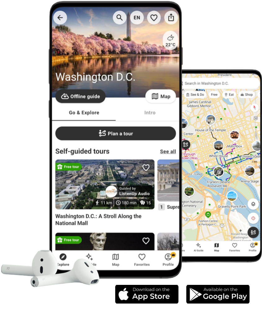 WLKTours® app shown on a smartphone with a Washington D.C. self-guided tour and route map